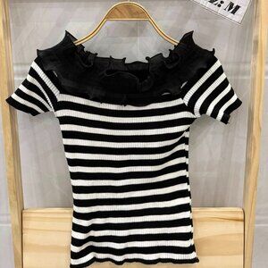 🖤 Black White Stripe Ruffle Off Shoulder Ribbed Knit Top Chic Nautical Tee